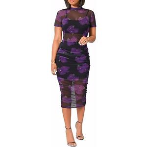 Mojessy Sheer Dress for Women Sexy Short Sleeve Ruched Mesh Bodycon Dress Adjustable Strap Top Mini Skirt 3 Piece Outfits Set, Floral Purple, M