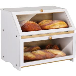 HOMEKOKO Double Layer Large Bread Box for Kitchen Counter, Wooden Large Capacity Bread Storage Bin (White)