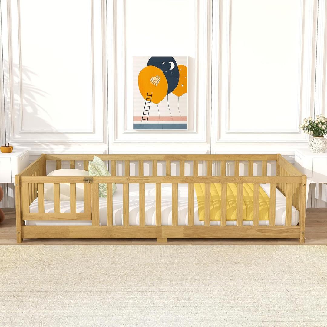 KEIKI Twin Size Floor Bed with Guardrails & Door, Montessori-Inspired, Sturdy Wood Frame with Slats for Kids, Natural