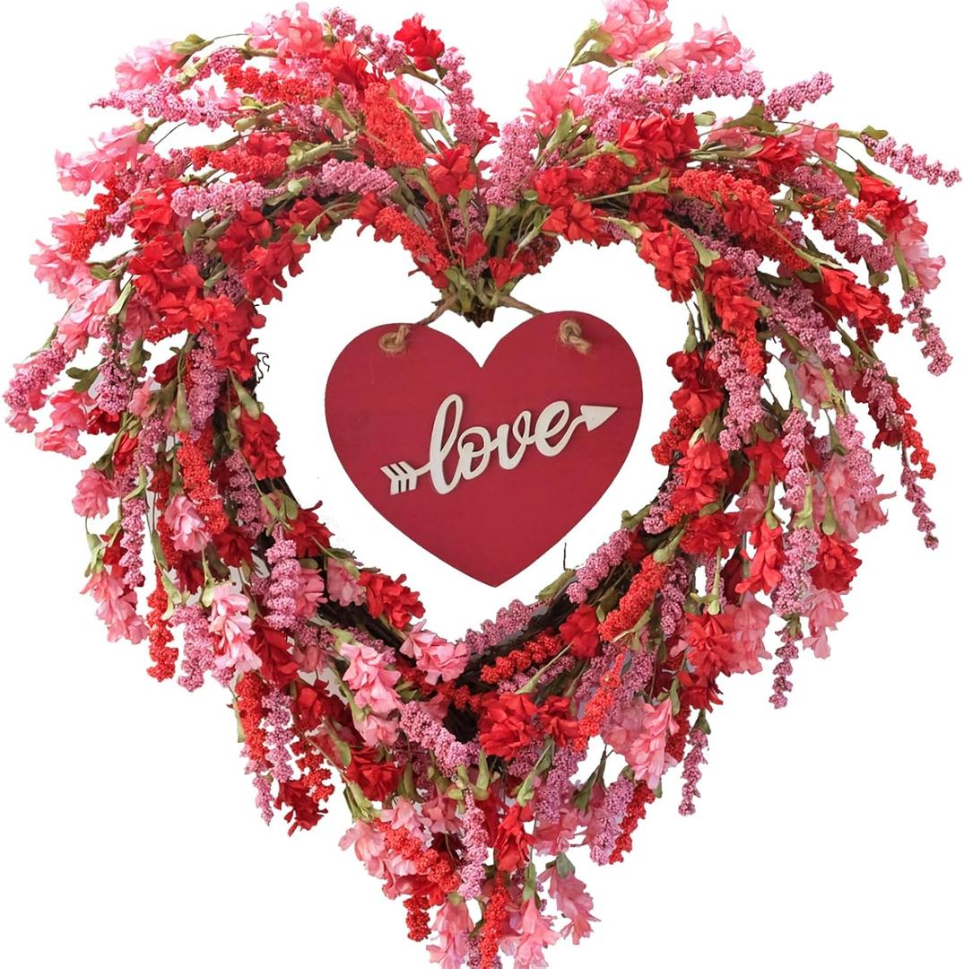 TEMPUS 18 Inch Valentine's Day Wreath for Front Door Spring/Summer Red Flower Heart Wreath with Sign for Wedding Window Home Wall Indoor Decor