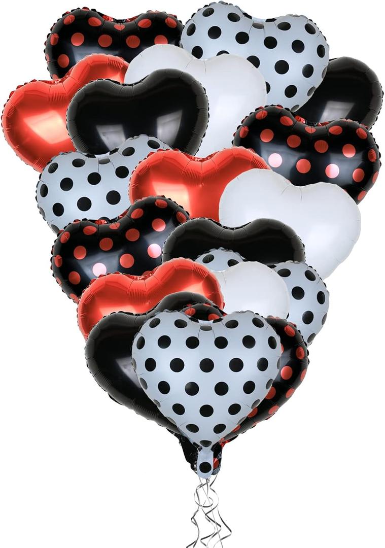 18 Inch 20 pcs Black Red Heart Foil Balloons Red Black Dots Balloons Set Party Decoration for Red Black Party Children Birthday Party Graduation Party Supplies