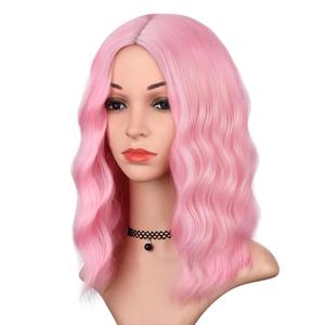 Pink Wig for Women Wavy Curly Light Pink Bob Wigs Middle Part 14 Inch Shoulder Length Heat Resistant Synthetic Colorful Wig