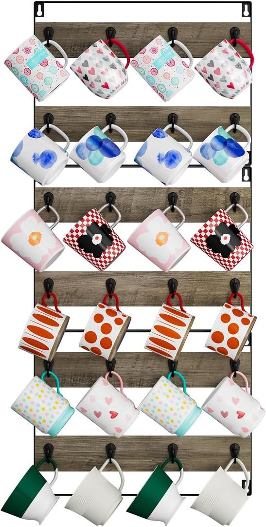 IBUYKE Wall-Mounted Mug Rack Set of 3, 24-Hook Large Coffee Display Organizer for Kitchen, Home, Bar, Coffee Station - Rustic Wood, Greige TBJ005Y-3