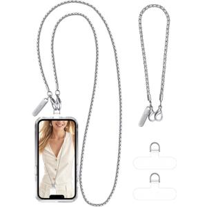 MOUTAKEY Metal Cell Phone Chain Set Detachable iPhone Chain Strap Fits All Phones Crossbody Phone Lanyard*1 Phone Wrist Strap*1 with 2 Tether Tabs iPhone Wristlet For Women Travel Shopping Camping