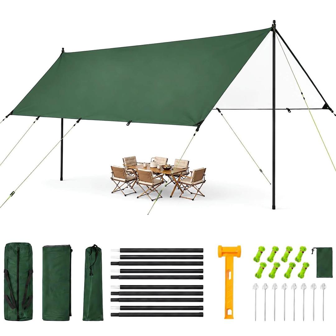 Heavy Duty Waterproof Camping Tarp 1511FT UV Blocking Sun Shade Canopy with Poles & Ropes, Reinforced Tear-Resistant Corners, Windproof Outdoor Shelter for Camping, Picnic(Green,15x11FT)