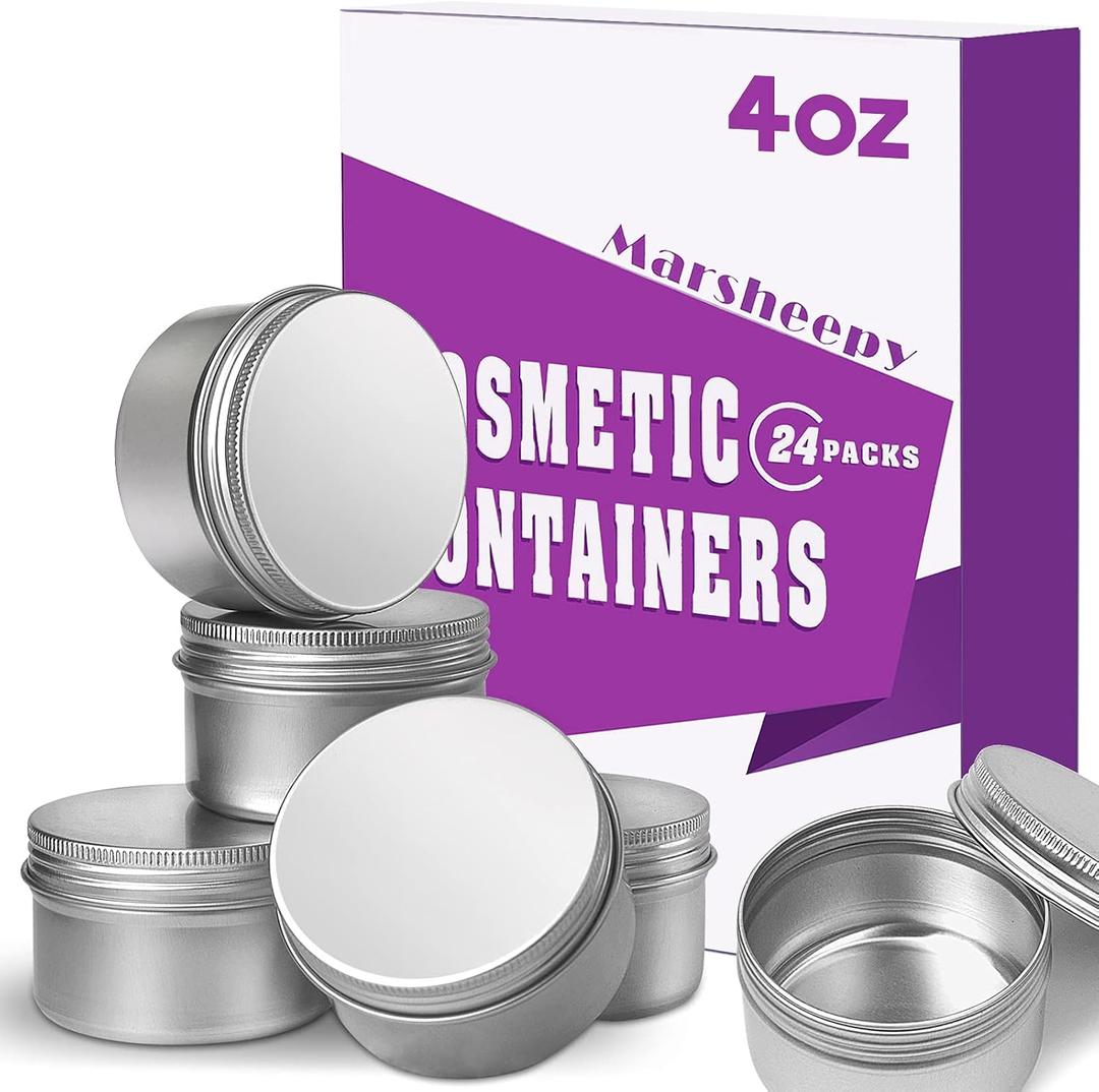 24 Pack 4 oz Aluminum Balm Tins For Pill Storage, Jar Containers with Screw Thread Lid for Lip Balm, Cosmetic, Salve, Aluminum Tin Cans Containers for Candle Making