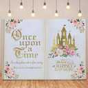Once Upon a Time Backdrops Fairy Tale Books Backdrop Pink Floral Gold Castle Princess Fairytale Birthday Party Decor Princess Romantic Wedding Birthday Party Magic Book Background Banner Props 7x5FT