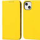 iCoverCase Compatible with iPhone 13 Wallet Case with Credit Card Holder and Wrist Strap, RFID Blocking Genuine Leather Flip Magnetic Phone Cover 6.1 Inch (Yellow)