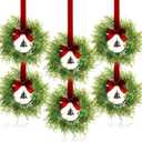 6 Christmas Kitchen Cabinet Wreaths with Velvet Ribbon Bell Mini Christmas Hanging Cabinet Doors Wreath Decorative for Farmhouse Kitchen Window Holiday (Red)