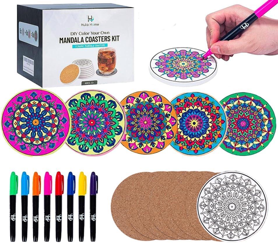 Hula Home Color Your Own Coaster Mandalas w/Markers | 8 Absorbent Ceramic Tiles w/Cork Base | Gift Arts and Crafts DIY Kit for Adults, Hobby, Teens, Seniors, Women, Elderly