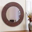 Bathroom Mirror, 30'' Round Wooden Frame Decorative Mirror Wall Living Room Bathroom Bronze Groove Finish Large Reflective Glass Farmhouse Dcor