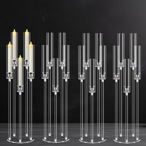 4Pcs 5 Arms Acrylic Candelabra Centerpieces for Tables Decortion,Clear Candle Holder for Wedding Dinner Fireplace Decoration,35 inches Tall Candlesticks Holder with Lampshade, Fits LED Candle