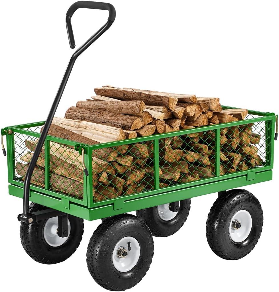 VEVOR 680 Lbs Steel Garden Cart on Wheels, Heavy Duty Garden Wagon Cart Pullable, Metal Outdoor Utility Yard Wagon Carts with 10" Tires, Mesh Removable Sides and 180Rotating Handle (Black+green)