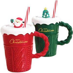 Christmas Mugs Set of 2, 16Oz Ceramic Cups with Santa & Tree Toppers Lids, Knitted Pattern Cup & Striped Straws, Perfect Holiday Gift for Couples & Family (Red, Green)