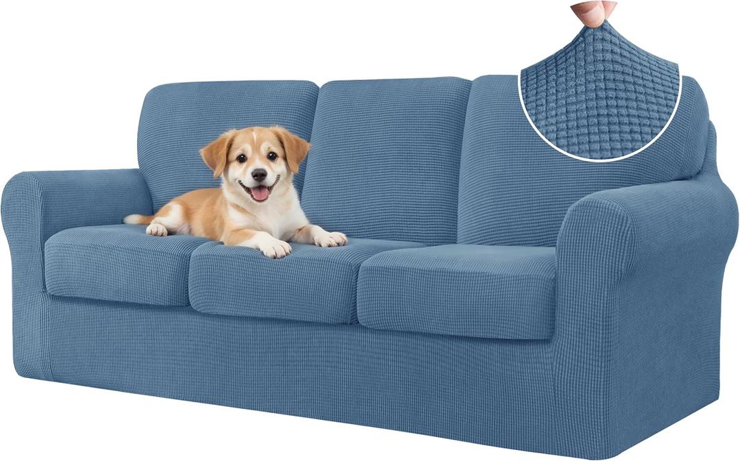 CHUN YI 7 Piece Couch Covers Sofa Covers Washable, Stretch Sofa Slipcover for 3 Cushion Couch with Seperate Backrest and Cushion Covers, Anti Slip Furniture Protector for Dogs Pets (Large, Denim Blue)