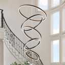 LED 5-Ring Chandelier for High Ceiling Foyer Chandelier with Remote Control Dimmable Circle Round Light Fixture Modern Wood & Black Ring Chandeliers for High Ceiling Living Room Entry, 100W