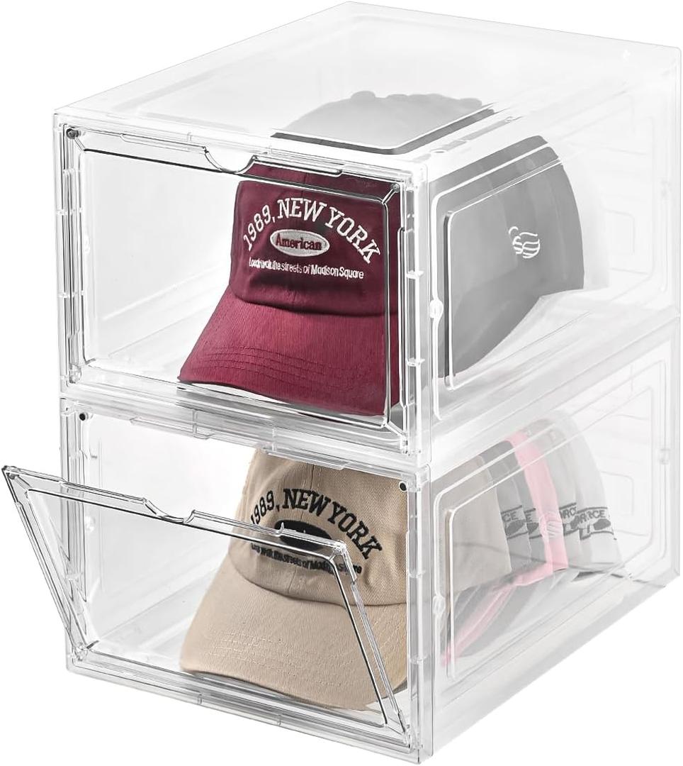 Hat Organizer Box,Stackable Clear Baseball Caps Holder Box Containers with Magnetic Door for Hats Snapback Cap Storage,Clear Hat Storage with Magnetic Door, Holds 20 Hats(clear, 2 pack)