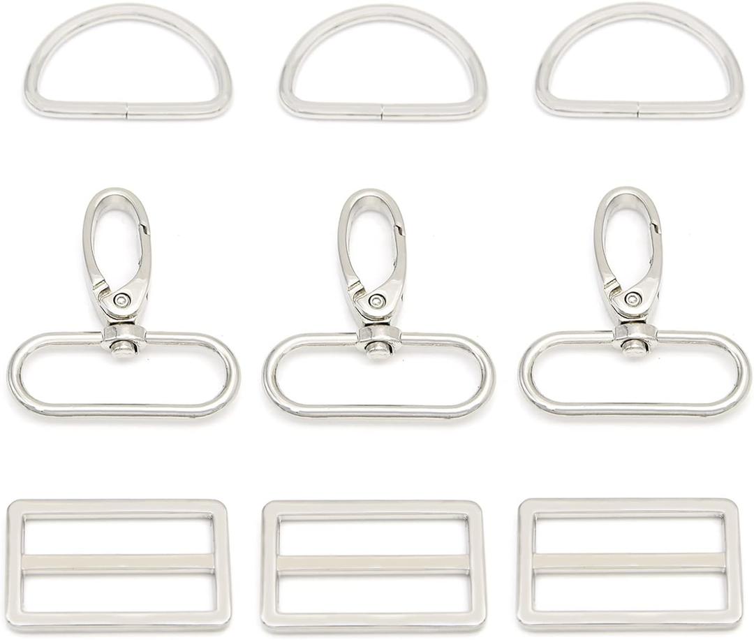 15 Pcs Metal Swivel Snaps Hooks with D Rings and Tri-Glides Slide Buckles for Key Lanyard Purse Bag Straps Dog Collars DIY Sewing Hardware Craft (1-1/2 Inch, Silver)