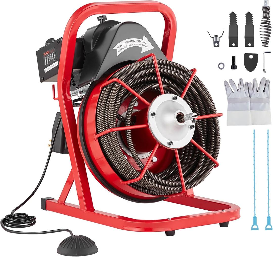VEVOR Drain Cleaner Machine 75FT x 1/2 Inch, Sewer Snake Auger Manual Feed, 370W Electric Drain Cleaning Machine with 4 Cutters & Air-activated Foot Switch for 2" to 4" Pipes