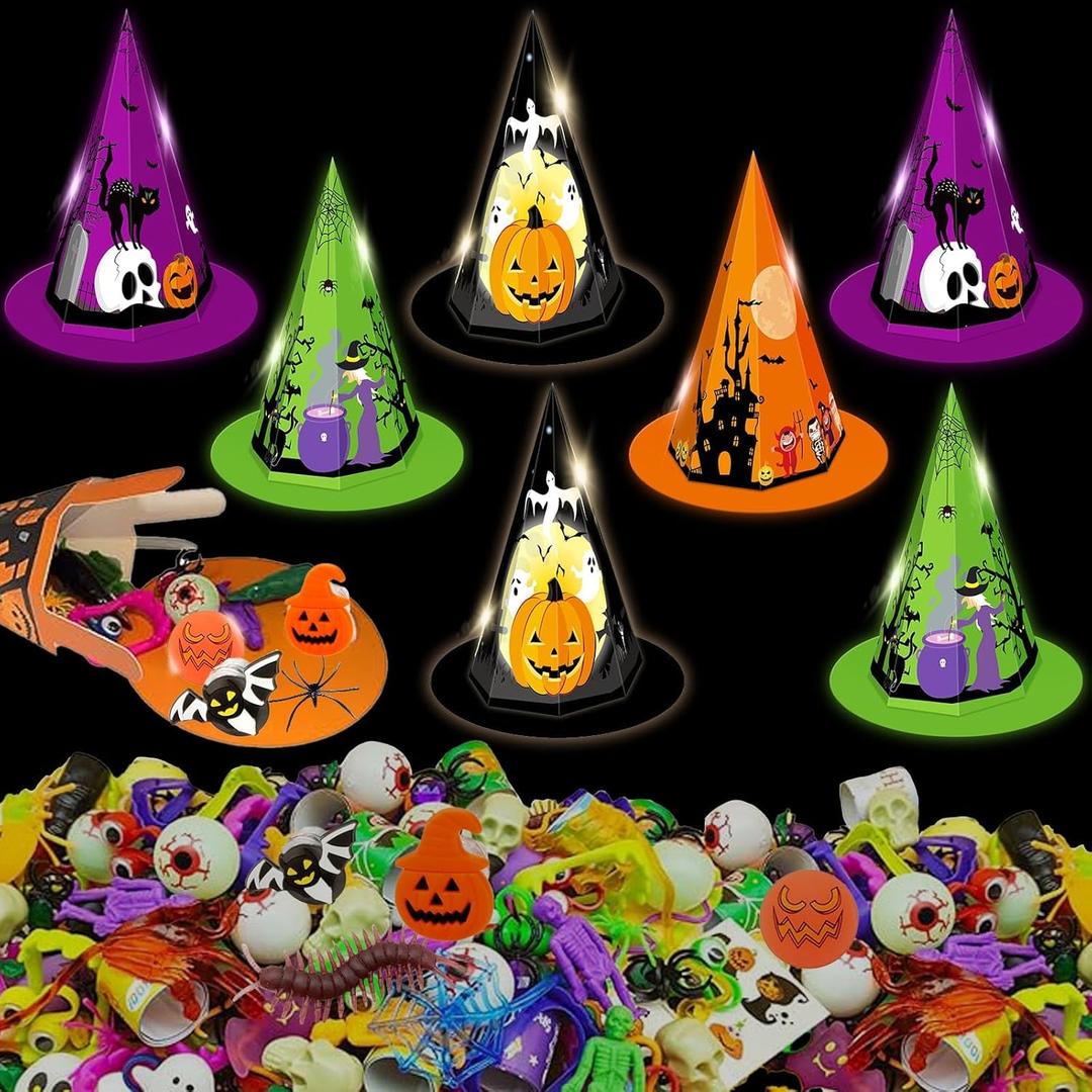 90PCS Halloween Party Decoration Gift Trick or Treat Container Witch Hat Kit for Kids School Classroom Gift, Trick or Treat, Includes Hat Teeth Eyeballs Cobwebs