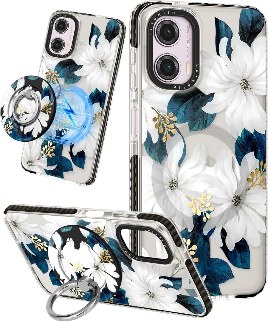Cute Case for Moto G Power 5G 2024 for Women Girls - Funny Blue Flower Design Compatible with Magsafe Ring Holder Magnetic Stand Kickstand Fashion TPU Phone Covers Kawaii