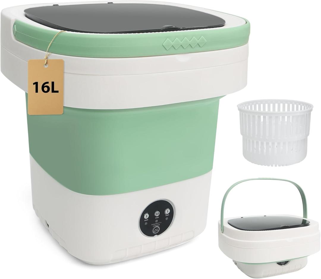 Portable Washing Machine, 16L Foldable Portable Laundry Machine and Spinner for Baby Clothes and Other Small Clothes with 3 Modes Deep Cleaning,Mini Washer for Travel, Dorms, Camping, Green
