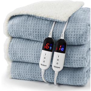 Heated Blanket Electric Blanket King Waffle, 90x100 Inches Dual Controllers Sherpa Fleece Fast Heating Blanket 6 Heating Levels & 10 Hours Auto Off ETL Certification, Haze Blue King
