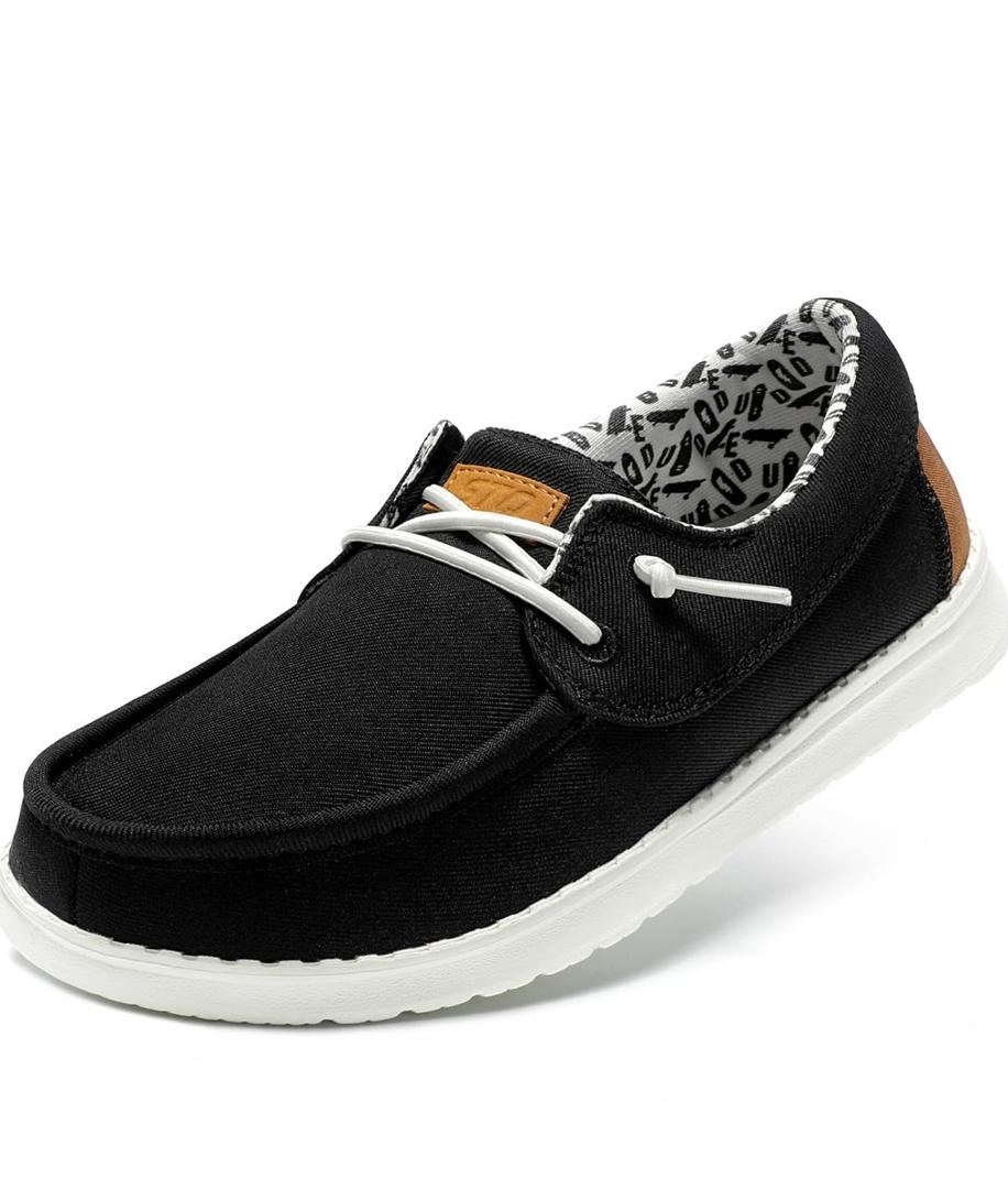 STQ Women's Boat Shoes with Orthopedic Insole Slip On Business Casual Shoe for Plantar Fasciitis Lightweight Canvas Loafer, Size 8.5, Black/White 