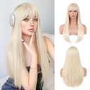 Blonde Wig with Bangs for Women  Long Straight Heat Resistant Synthetic Wig for Daily Use, Party, Halloween, Cosplay  24 Inch Blonde Wig for Girls
