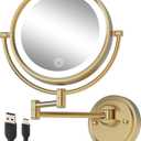 10" Large Lighted Makeup Mirror Wall Mounted, Rechargeable 1X/5X Double-Sided 3 Color Touch Dimmable Extended Swing Arm 360 Rotation Vanity Mirror for Bathroom, Brushed Moderne Brass