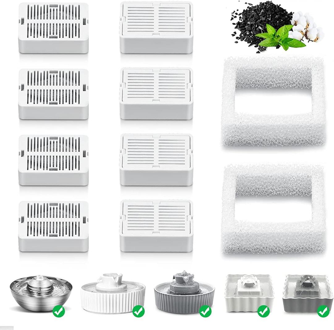 Pet Fountain Filters - 8 Carbon and 2 Foam Pre-Filters for Porcelain Pet Drinking Fountain (8 Packs)
