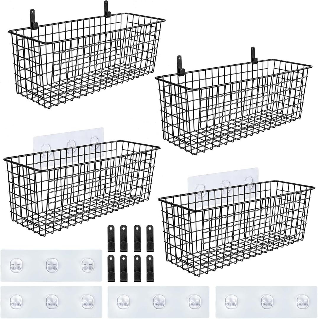 4 Set [EXTRA LARGE] Hanging Wall Mount Storage Baskets with Adhesive Hooks & Steel Hooks, Multiuse Sturdy Wire Metal Organizing Baskets for Home Kitchen Bathroom Pantry Utility Organizer, Black