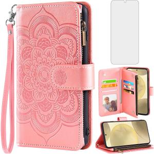 Asuwish Phone Case for Samsung Galaxy S24 5G Wallet Cover with Tempered Glass Screen Protector and Flower Leather Flip Credit Card Holder Stand Cell Accessories S 24 24S GS24 G5 Women Men Rose Gold