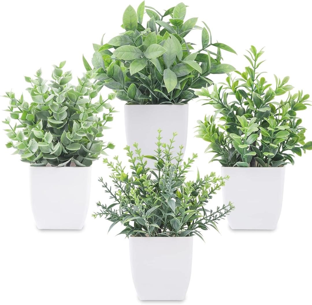 Der Rose 4 Pack Fake Plants Mini Artificial Greenery Potted Plants for Home Decor Indoor Office Table Room Farmhouse Bathroom Decor (4-grey)