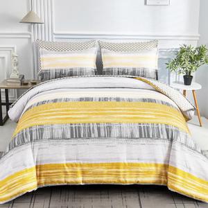 Dintszyayue 7 Piece Yellow Stripe Gradient Comforter Set Queen,Mustard Yellow and Grey Bed in a Bag Patchwork Bedding Set with Sheets,Pillowcases & Shams Reversible Soft Microfiber Comforter
