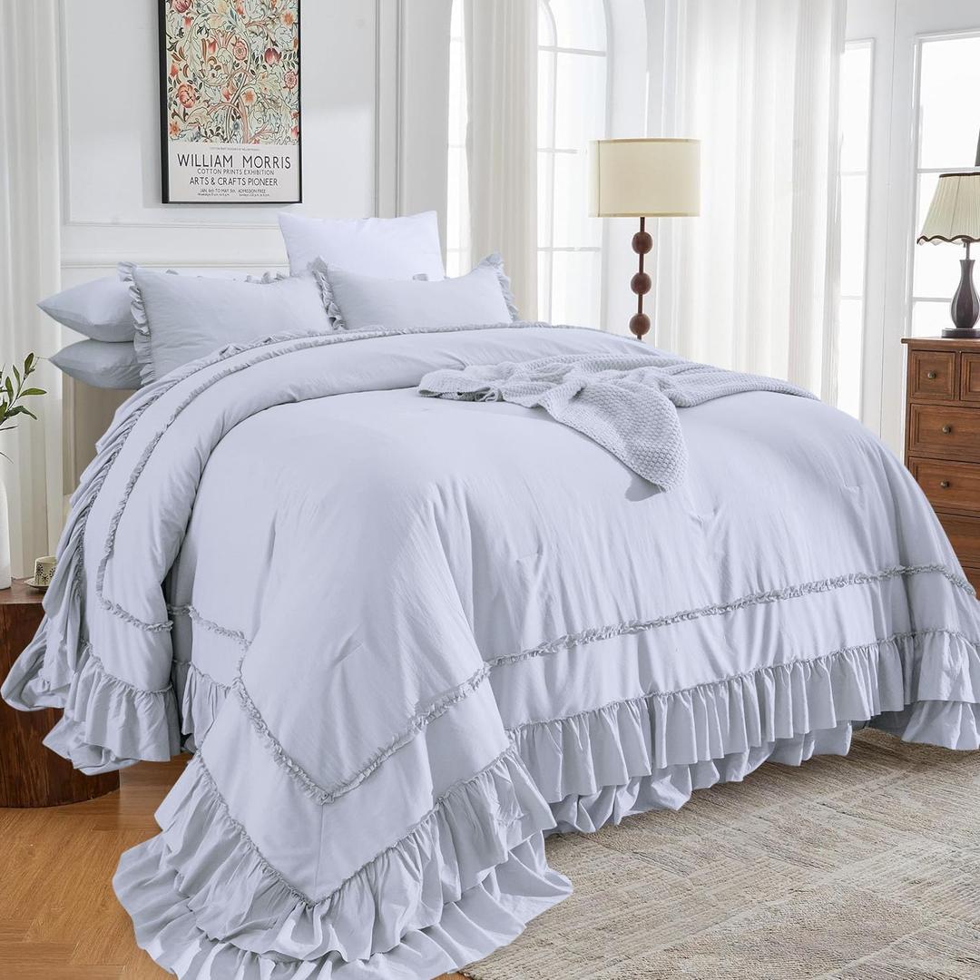 Sanracie Oversized King Comforter Sets 128" x 120", 3 Pieces Cornflower Blue Cotton Vintage Ruffle Bedding Comforter Set Lightweight Breathable Farmhouse Aesthetic Bedding Set