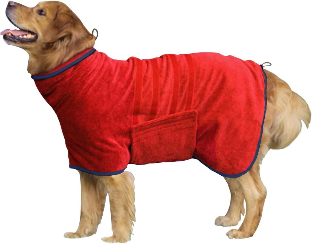 Dog Drying Coat - Fast Drying Dog Towel Robe - Microfiber Super Absorbent Pet Bathrobe, Adjustable Collar & Belly Strap Fast Drying Bath Robe Towel (Medium, Red)