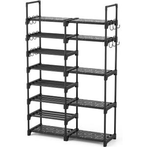ROJASOP Shoe Rack Organizer, 8Tier Metal Shoe Rack for Closet Entryway Garage, 2632 Pairs Tall Shoe Boot Storage Shelf with 15 Hooks, Stackable Large Shoe Stand, Brown