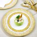 150 Count Gold Plastic Dinnerware Set, Elegant Disposable Include: 25 Gold Lace Plastic Plates, 25 Dessert Plates, 25 Forks, 25 Knives, 25 Spoons, 25 Cup, Ideal for Party, Birthday and Thanksgiving