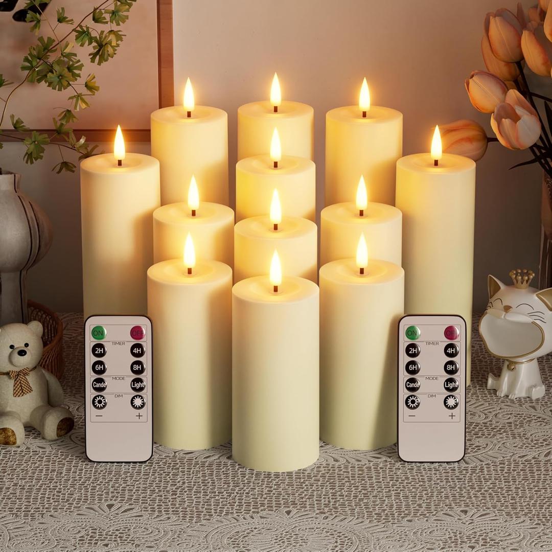 Outdoor Candles with Timer Waterproof: Set of 12 2.2''4'' 5'' 6'' 7'' Flameless LED Pillar Candles with Remote Battery Candles Flicking Ivory for Fireplace Christmas Patio Wedding Centerpieces