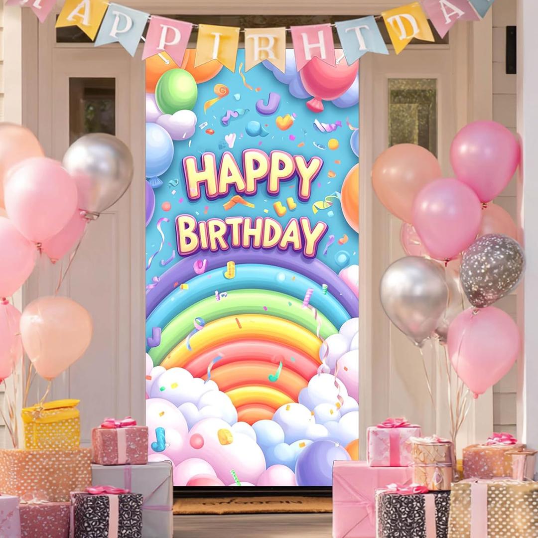 BlissYard Birthday Door Cover 71x35 Inch Rainbow Birthday Door Banner Background for Party Decorations Balloons Confetti Backdrop Sign for Boys Girls Kids Photo Booth Prop Wall Decor