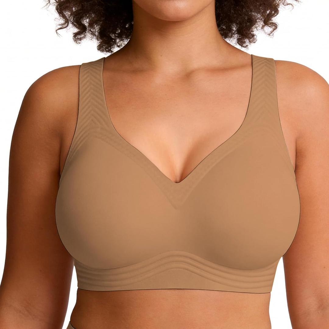 Soft Intention Jelly Wireless Bra Seamless Push Up Full Coverage Supportive Everyday Sport T-Shirt Bra Regular & Plus Size (5X-Large, Dark Nude)