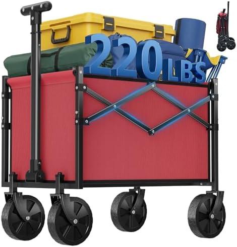 OLIXIS Collapsible Wagon Cart with Wheels 220 lbs Capacity, Heavy Duty Mini Foldable Portable Wagon with Adjustable Handle, Small Foldable Cart for Camping, Garden, Sports, Beach, Shopping - Red