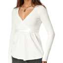 Women’s Long Sleeve Wrap V Neck Babydoll Top, Flowy Hem Fall Fashion Tunic Tops White (White, L)
