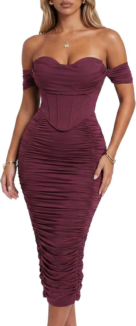 Women's Off the Shoulder Midi Dress Built-in Bra Ruched Corset Bodycon Formal Night Out Cocktail Party Dresses (Purple, M)