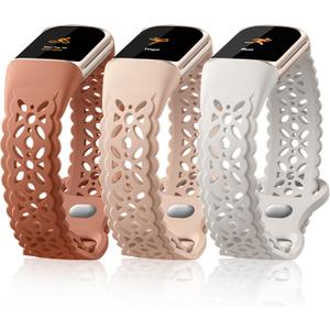 Maledan Compatible with Fitbit Charge 6 Bands for Women and Fitbit Charge 5 Bands, 3 Pack Cute Lace Silicone Flower Pattern Breathable Sport Bands Replacement Watch Strap for Fitbit Charge 5/ Charge 6 (fits 5.5" - 8.2" (14-21cm) wrist, 3-Starlight/ Brown/ Milk Tea)