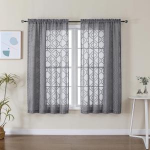 Lecloud Wasa Charcoal Grey Sheer Curtains 63 Inch Length 2 Panels, Classic Solid Jacquard Textured Bedroom Curtains, Light Filtering & Lightweight Gauzy Window Curtain for Living Room, 42 W x 63 L