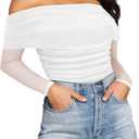 SAUNGKUAI Women's Off The Shoulder Long Sleeve Bodysuit Sexy Slimming Body Suit Tops Sheer Mesh Ruched Outfits (White), Size XL