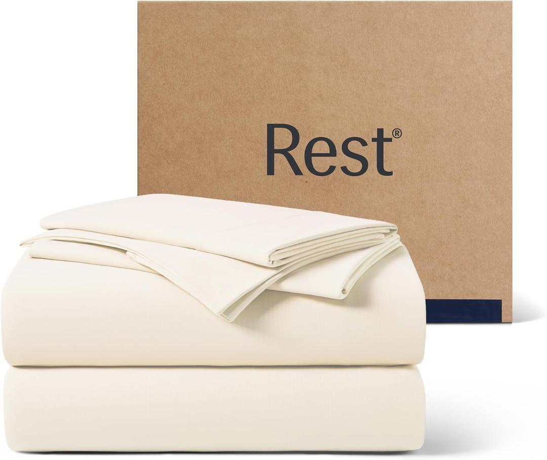 REST Evercool+ Cooling Sheet Set, Twin, Snow Ivory, Breathable Bed Sheets for Hot Sleepers and Night Sweats, with Pillowcases, with Ionic+ Self-Cleaning Silver Yarn for Sensitive Skin, 4PCS