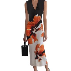HVT Women's Dress Wedding Guest Party Dresses Floral Print Halter Neck Maxi Dress Sleeveless Bodycon Long Dresses (L)